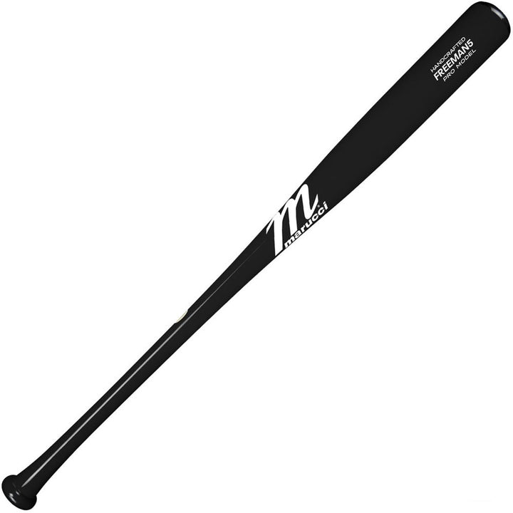 The Marucci FREEMAN5 Freddie Freeman Pro Model Maple Wood Bat (MVE2FREEMAN5-BK) features a black finish with white accents, a sleek design, slightly flared knob, and end-loaded feel preferred by pros like Freddie Freeman.