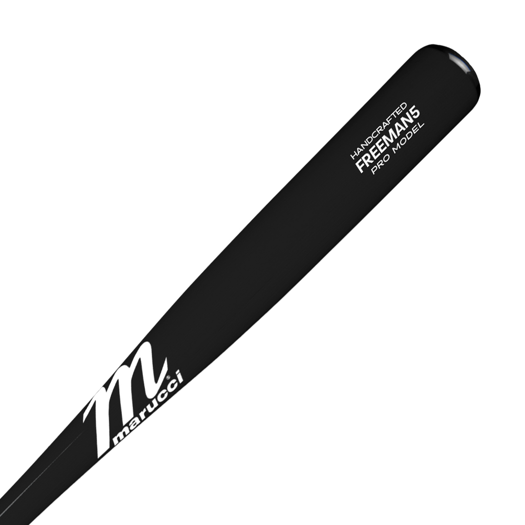 A Marucci FREEMAN5 Freddie Freeman Pro Model Maple Wood Bat (MVE2FREEMAN5-BK) in black, featuring "marucci" in white cursive near the base and "HANDCRAFTED FREEMAN5 PRO MODEL" on the barrel.