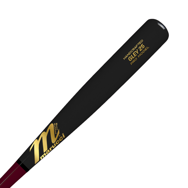 A black Marucci GLEY25 Gleyber Torres Pro Model maple wood bat (MVE2GLEY25-CH/BK) with gold Handcrafted CU26 Pro Model lettering and a gold Marucci logo near the handle, displayed on a white background.