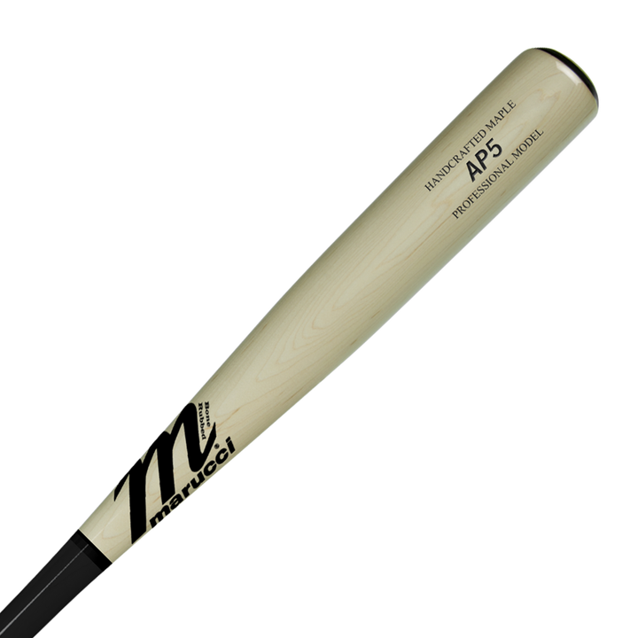 The Marucci AP5 Pro Model Maple Wood Bat (MVE3AP5) features a light maple build with "Handcrafted Maple Professional Model" printed on the barrel in black, and the Marucci logo near the handle—ideal for power hitters.