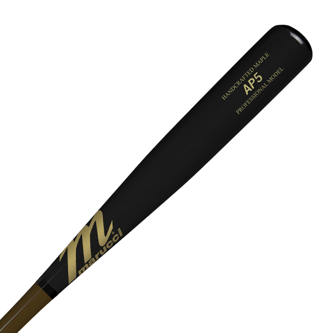 A black Marucci AP5 Pro Model Maple Wood Bat: MVE3AP5 features gold HANDCRAFTED MAPLE AP5 PROFESSIONAL MODEL lettering and the Marucci logo near the handle—crafted for serious power hitters.