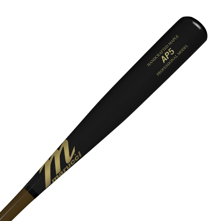 A black Marucci AP5 Pro Model Maple Wood Bat: MVE3AP5 features gold HANDCRAFTED MAPLE AP5 PROFESSIONAL MODEL lettering and the Marucci logo near the handle—crafted for serious power hitters.