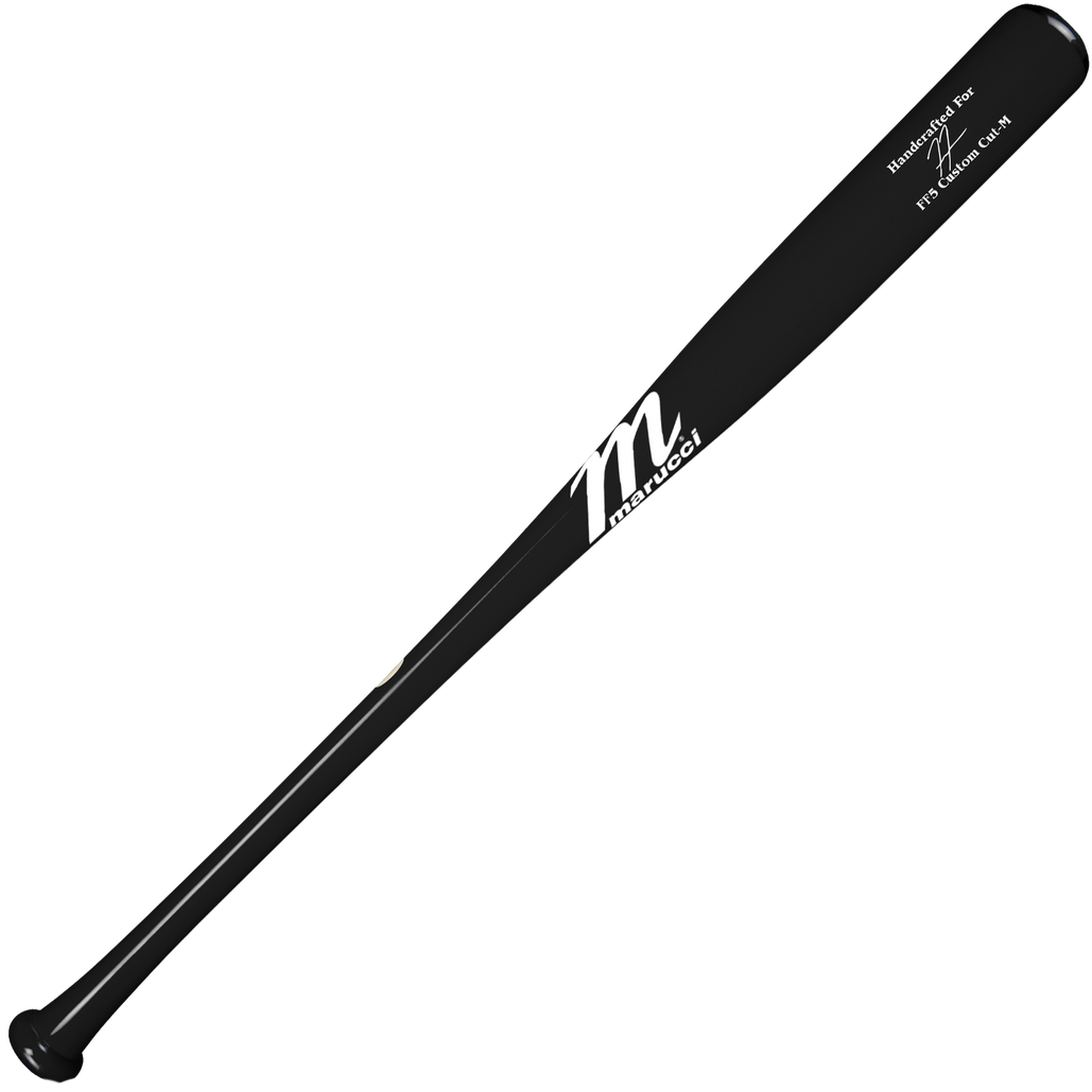 The Marucci FREEMAN5 Freddie Freeman Pro Model Maple Wood Bat (MVE3FREEMAN5) features a black finish with white Marucci branding, displayed diagonally on a white background. This end-loaded bat is crafted for powerful swings.