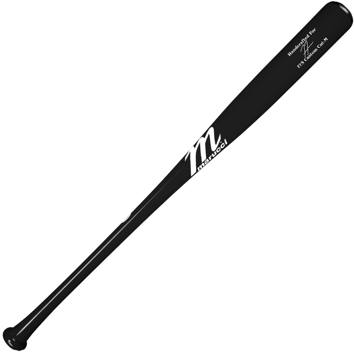 The Marucci FREEMAN5 Freddie Freeman Pro Model Maple Wood Bat (MVE3FREEMAN5) features a black finish with white Marucci branding, displayed diagonally on a white background. This end-loaded bat is crafted for powerful swings.