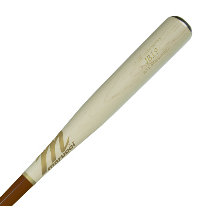 A close-up of the Marucci JB19 Jose Bautista Pro Model Maple Wood Bat: MVE3JB19, a Marucci bat known for its balanced feel.