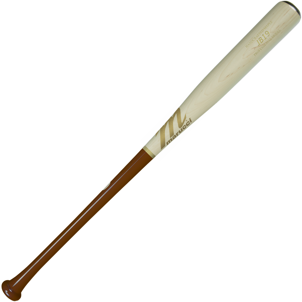 The Marucci JB19 Jose Bautista Pro Model Maple Wood Bat (MVE3JB19) features a brown handle, light barrel, Marucci branding near the top, and offers hitters a balanced feel.