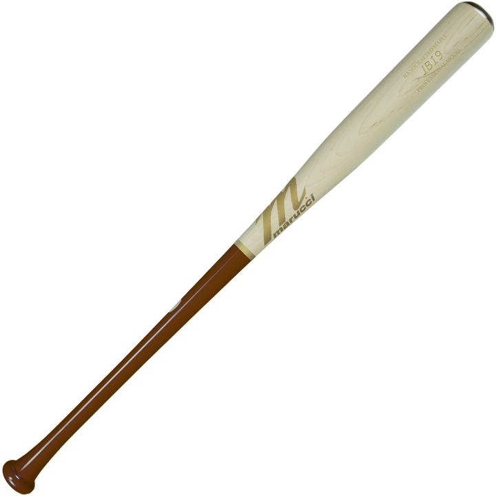 The Marucci JB19 Jose Bautista Pro Model Maple Wood Bat (MVE3JB19) features a brown handle, light barrel, Marucci branding near the top, and offers hitters a balanced feel.
