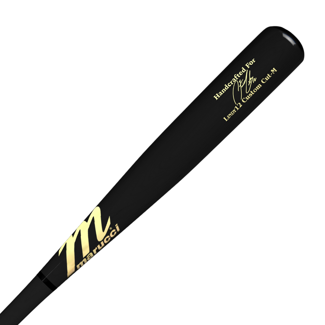 A black Marucci LINDY12 Francisco Lindor Pro Model Maple Wood Bat (MVE3LINDY12) featuring gold lettering, the Marucci logo, and personalized "Handcrafted For" text with a signature and "LMM17 Custom Cut #1.