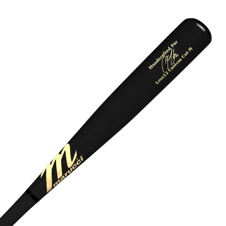 A black Marucci LINDY12 Francisco Lindor Pro Model Maple Wood Bat (MVE3LINDY12) featuring gold lettering, the Marucci logo, and personalized "Handcrafted For" text with a signature and "LMM17 Custom Cut #1.