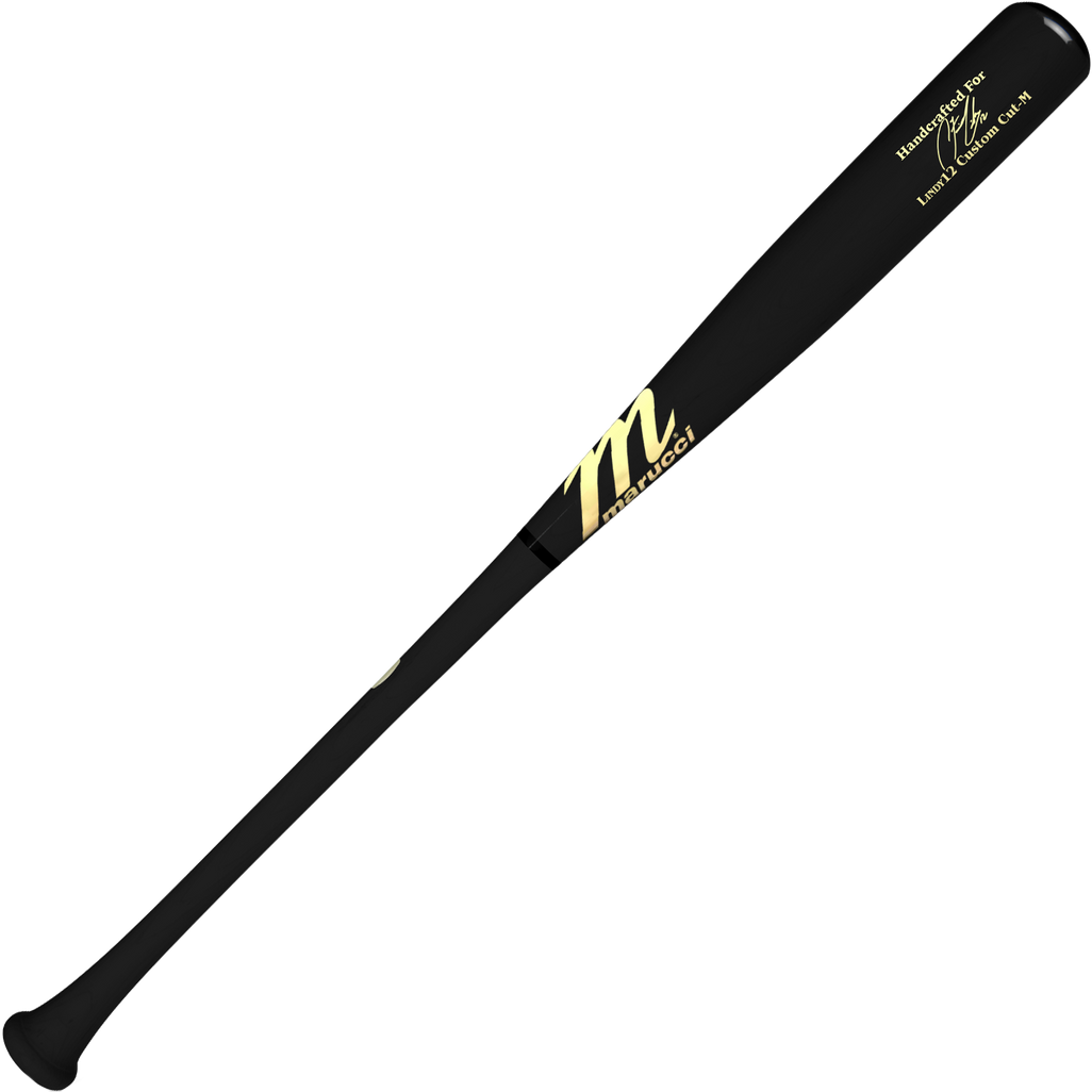 The Marucci LINDY12 Francisco Lindor Pro Model Maple Wood Bat (MVE3LINDY12) features a black finish, gold accents, a flared knob, and glossy maple wood design, inspired by Francisco Lindor.