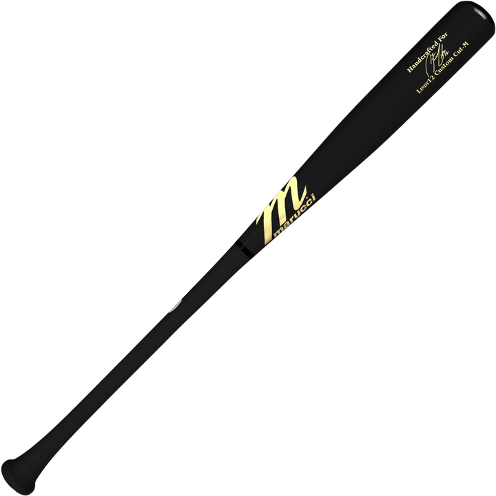 The Marucci LINDY12 Francisco Lindor Pro Model Maple Wood Bat (MVE3LINDY12) features a black finish, gold accents, a flared knob, and glossy maple wood design, inspired by Francisco Lindor.
