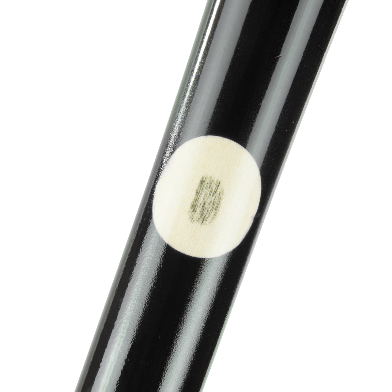 A close-up of the Marucci LINDY12 Francisco Lindor Pro Model Maple Wood Bat (MVE3LINDY12), featuring a polished black finish and a white circular marking with a greenish rectangular center, set against a plain white background.