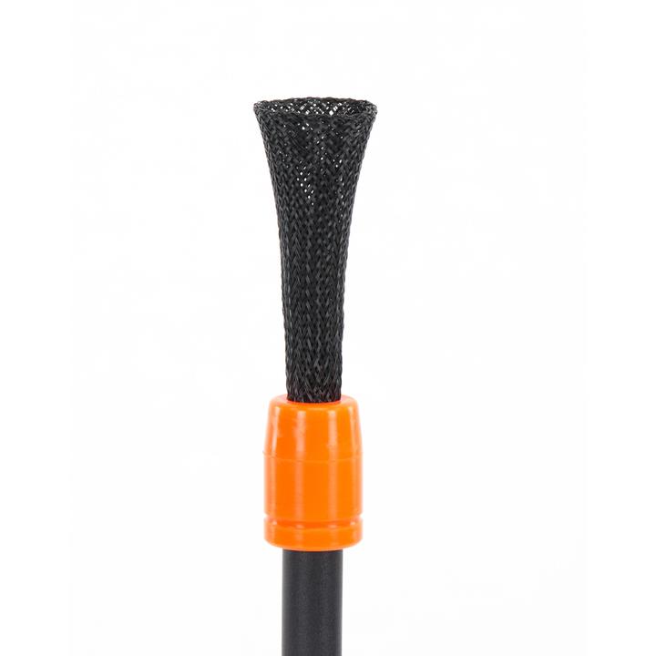 The Bownet ProMag Batting Tee (BN-PROMAG TEE) by Bownet features a black braided mesh sleeve with a flared end atop an orange collar on a black cylindrical rod, resembling an adjustable batting tee, set against a white background.