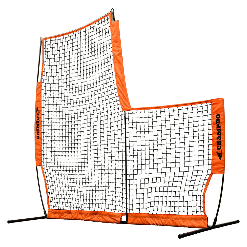 The Champro Sports MVP Portable L Screen: NB42 is a large, freestanding rebound net with an irregular shape, orange trim, black frame, and black netting. "Champro Sports" is printed on the orange sections—ideal for youth baseball or softball practice.