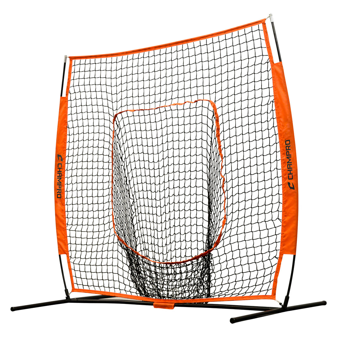 The Champro Sports 7' x 7' MVP Portable Hitting Sock Net (NB44E) features a high-visibility black frame with orange accents, shock-absorbent fiberglass poles, and a built-in central target zone for pitching or hitting drills.