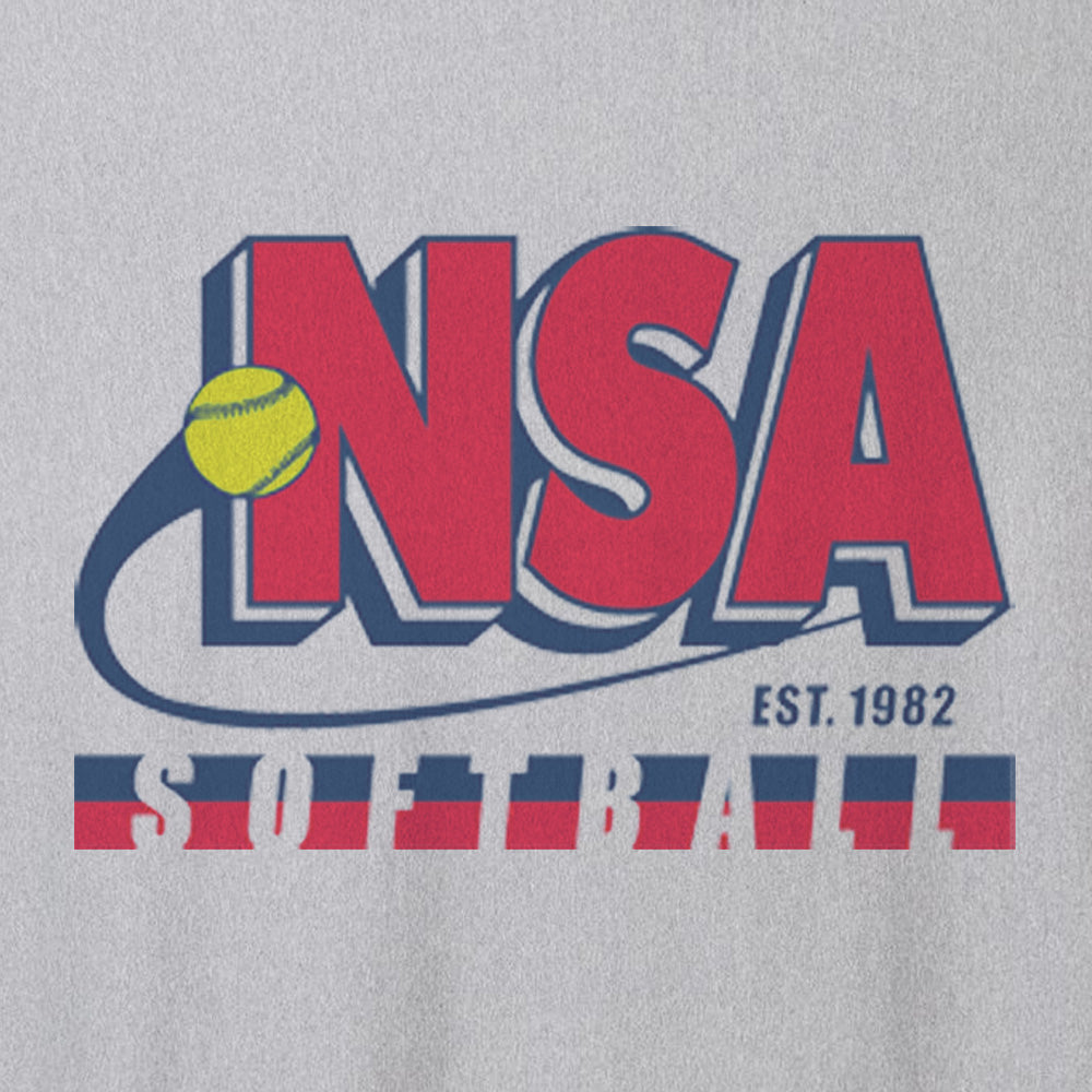 The DSG Apparel National Softball Association EST 1982 Fleece Stadium Blanket features a red and blue NSA logo with a yellow softball, SOFTBALL in block letters, and EST. 1982—all on gray sublimation fleece.