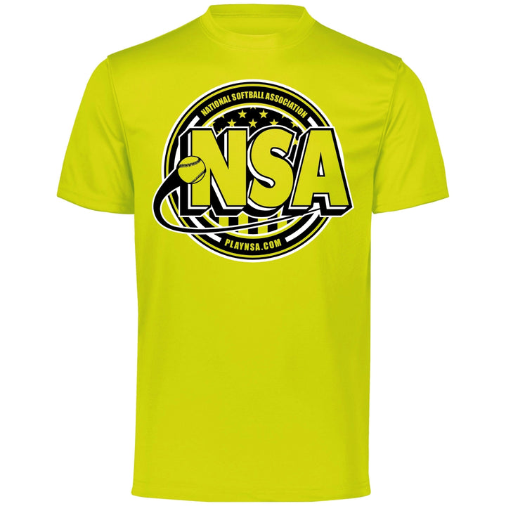 The DSG Apparel National Softball Association NSA Crest Dry Fit Short Sleeve Shirt features a bold NSA logo, softball graphic, and PLAYNSA.COM on the front. Made with moisture-wicking DRI-GEAR fabric for comfort and performance.