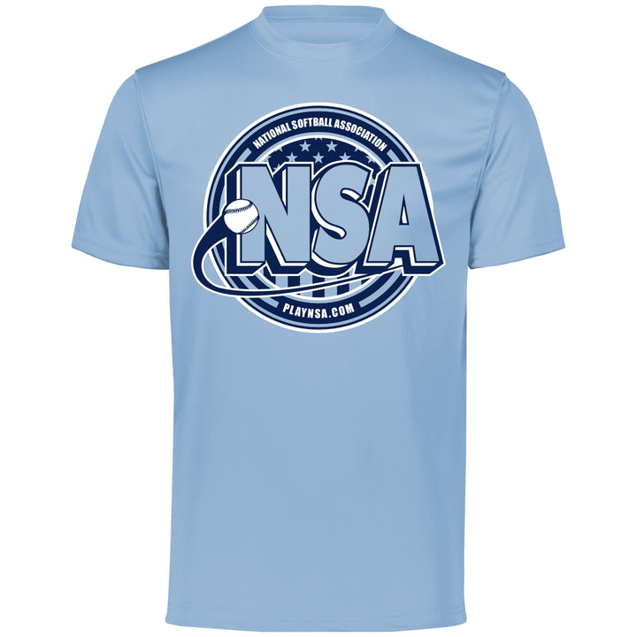 The DSG Apparel National Softball Association NSA Crest Dry Fit Short Sleeve Shirt features DRI-GEAR moisture control, a light blue color, and a bold circular chest design with a white and navy NSA logo, softball graphic, and playnsa.com.
