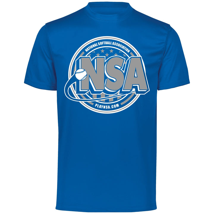 The DSG Apparel National Softball Association NSA Crest Dry Fit Short Sleeve Shirt features a blue design with the NSA logo, softball graphic, and PLAYNSA.COM in a circular front print, made with DRI-GEAR tech for superior moisture management.