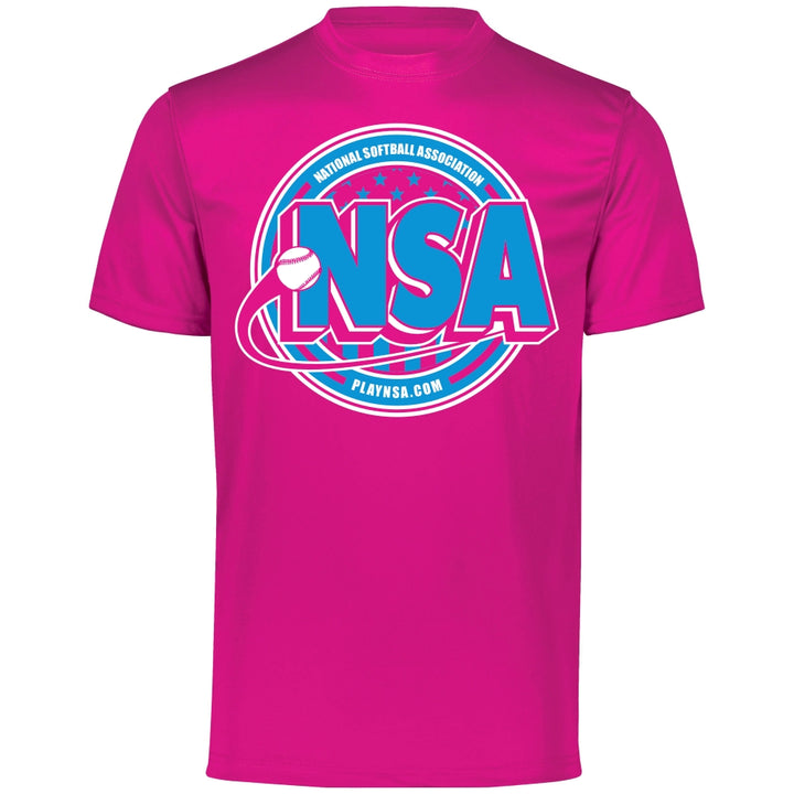 The DSG Apparel National Softball Association NSA Crest Dry Fit Short Sleeve Shirt features a bright pink design with a blue and white NSA logo, softball graphic, and PLAYNSA.COM on the front. Made with DRI-GEAR for moisture management and comfort.