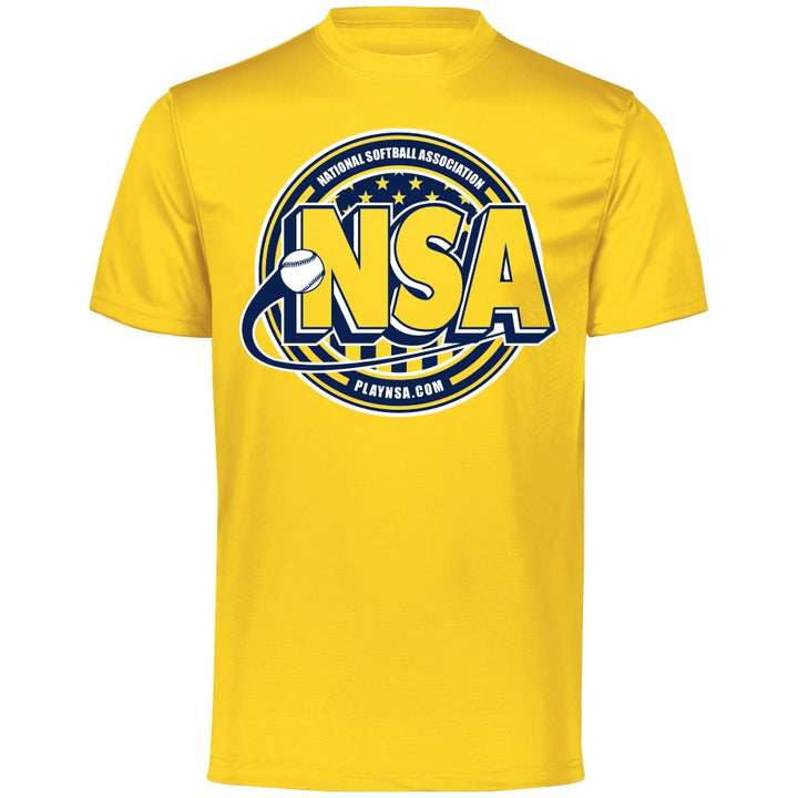 The DSG Apparel National Softball Association NSA Crest Dry Fit Short Sleeve Shirt is a yellow top featuring the NSA logo and DRI-GEAR tech for advanced moisture-wicking comfort.