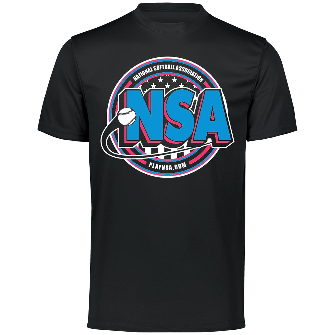 The DSG Apparel National Softball Association NSA Crest Dry Fit Short Sleeve Shirt features moisture-wicking fabric and a large circular NSA logo with a softball, "National Softball Association," and playnsa.com on the front.