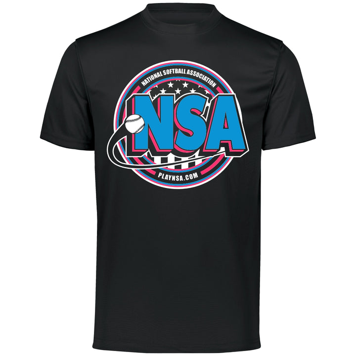 The DSG Apparel National Softball Association NSA Crest Dry Fit Short Sleeve Shirt features moisture-wicking fabric and a large circular NSA logo with a softball, "National Softball Association," and playnsa.com on the front.