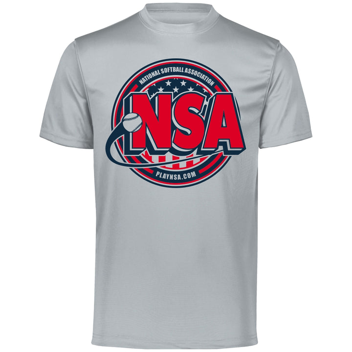 The DSG Apparel National Softball Association NSA Crest Dry Fit Short Sleeve Shirt is a grey moisture-wicking tee with red and blue text, featuring DRI-GEAR tech for comfort.