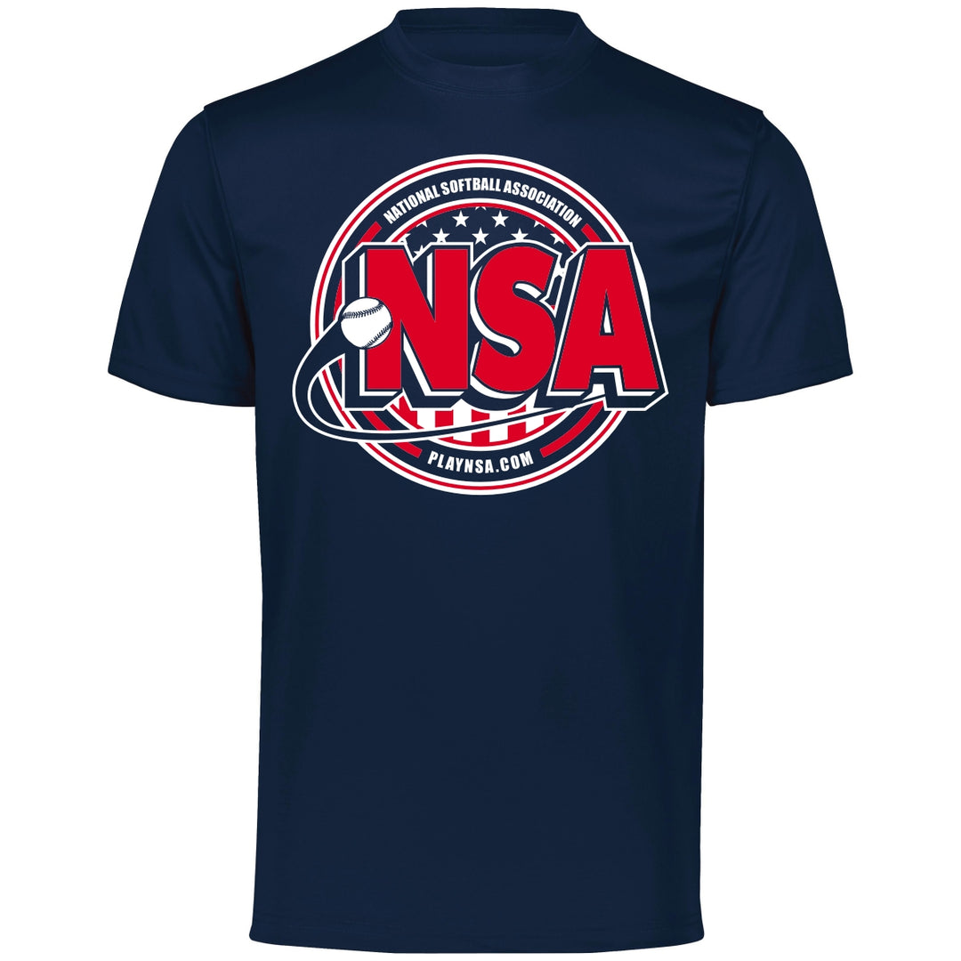 The DSG Apparel National Softball Association (NSA) Crest Dry Fit Short Sleeve Shirt offers moisture management and DRI-GEAR comfort, featuring a blue design with a red and white logo—ideal for NSA softball players.