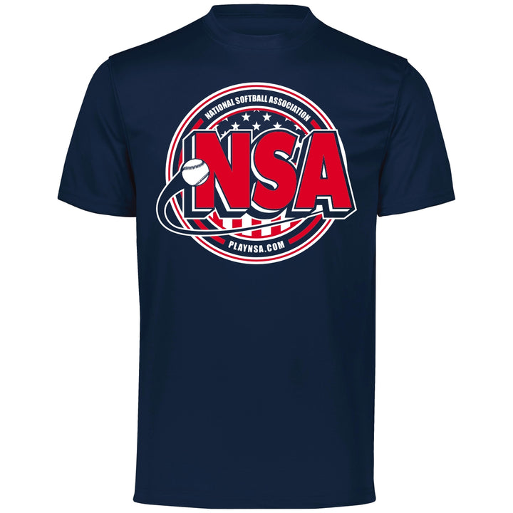 The DSG Apparel National Softball Association (NSA) Crest Dry Fit Short Sleeve Shirt offers moisture management and DRI-GEAR comfort, featuring a blue design with a red and white logo—ideal for NSA softball players.