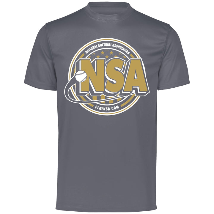 The DSG Apparel National Softball Association NSA Crest Dry Fit Short Sleeve Shirt features a gray design with a large gold and white NSA logo, softball graphic, PLAYNSA.COM on the front, and moisture-wicking DRI-GEAR for all-day comfort.