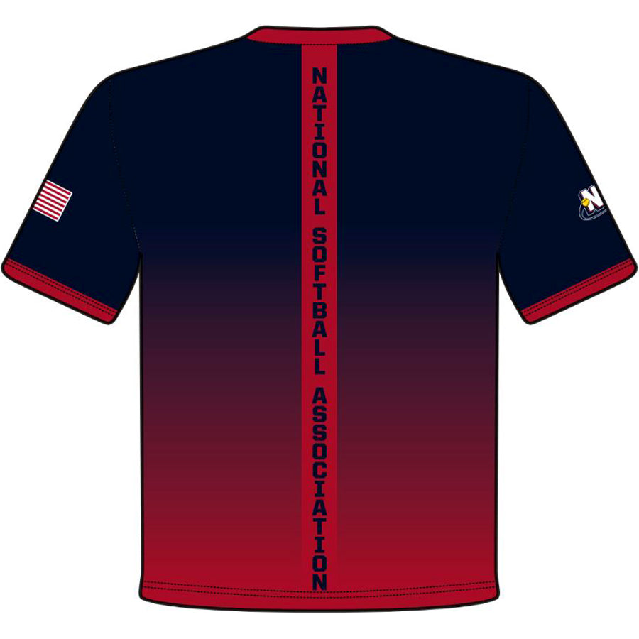 A back view of the DSG Apparel National Softball Association NSA Fade Sublimated Short Sleeve Shirt, designed with moisture-wicking fabric—perfect for displaying team spirit on the field.