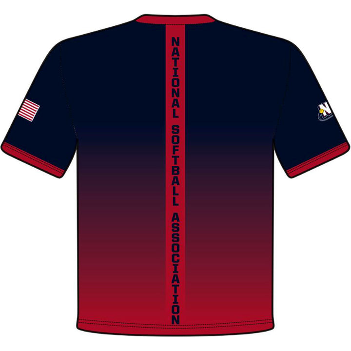 A back view of the DSG Apparel National Softball Association NSA Fade Sublimated Short Sleeve Shirt, designed with moisture-wicking fabric—perfect for displaying team spirit on the field.