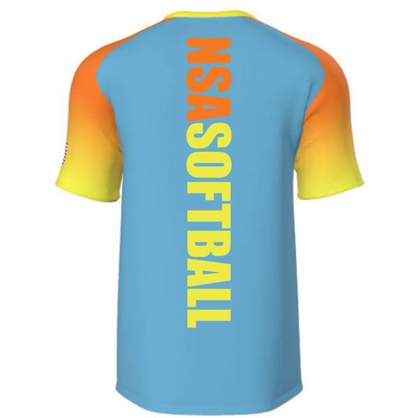 The DSG Apparel National Softball Association NSA Sunshine Sublimated Short Sleeve Shirt features a blue back, orange-yellow gradient sleeves, bold yellow "NSA SOFTBALL" lettering, and moisture-wicking fabric to keep you cool.