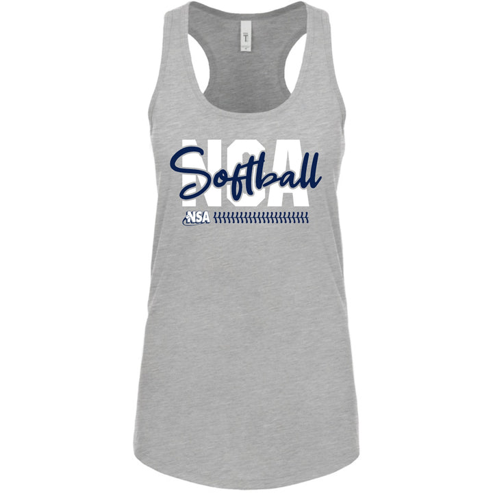 The DSG Apparel National Softball Association NSA Softball Script Racerback Tank Top is a light gray women's tank featuring USA Softball in bold white and navy script with a softball stitching graphic—perfect for NSA fans.