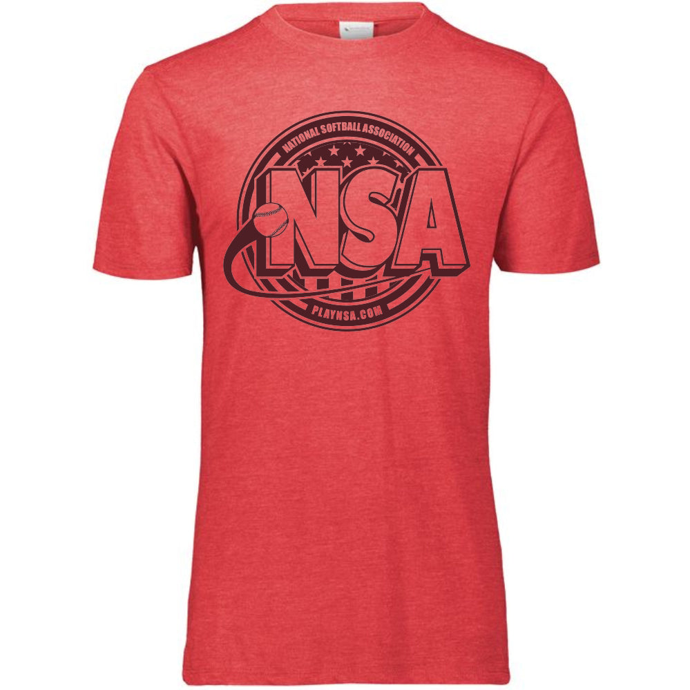 The DSG Apparel National Softball Association NSA Tone Tri Blend Short Sleeve Shirt features a large black NSA logo with a softball and text above, plus PLAYNSA.COM below in a circular red tri-blend design—perfect for softball fans.