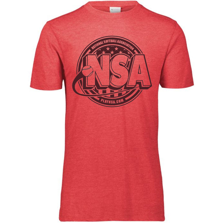 The DSG Apparel National Softball Association NSA Tone Tri Blend Short Sleeve Shirt features a large black NSA logo with a softball and text above, plus PLAYNSA.COM below in a circular red tri-blend design—perfect for softball fans.