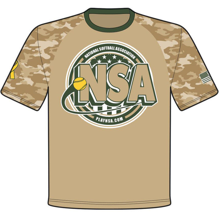 The DSG Apparel National Softball Association NSA Support Our Troops Sublimated Short Sleeve Shirt features tan and camouflage, a yellow softball, moisture-wicking fabric, and PLAYNSA.COM below the logo—all in vibrant full dye sublimation.