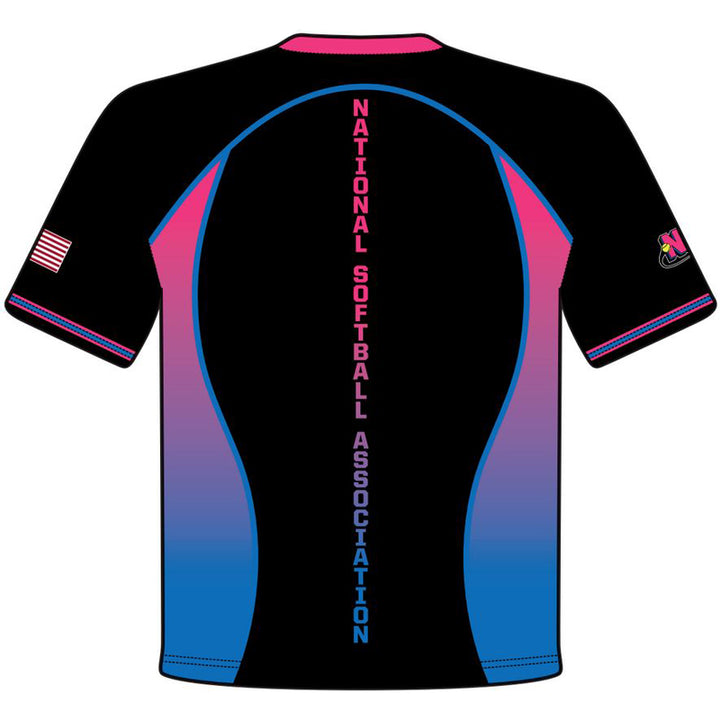 The DSG Apparel National Softball Association NSA VICE Sublimated Short Sleeve Shirt displays blue and pink gradients and vertical “National Softball Association” text on the back. Moisture-wicking fabric, plus an American flag and logo on the sleeves, complete the design.