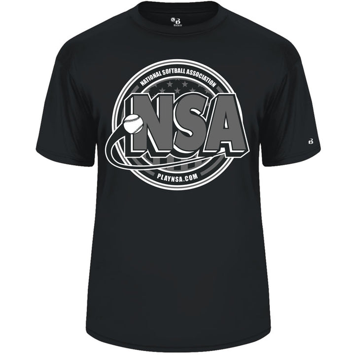 The DSG Apparel National Softball Association NSA Splitter Dry Fit Short Sleeve Shirt features a bold NSA logo with a softball design and “National Softball Association” plus “PLAYNSA.COM” on the front.