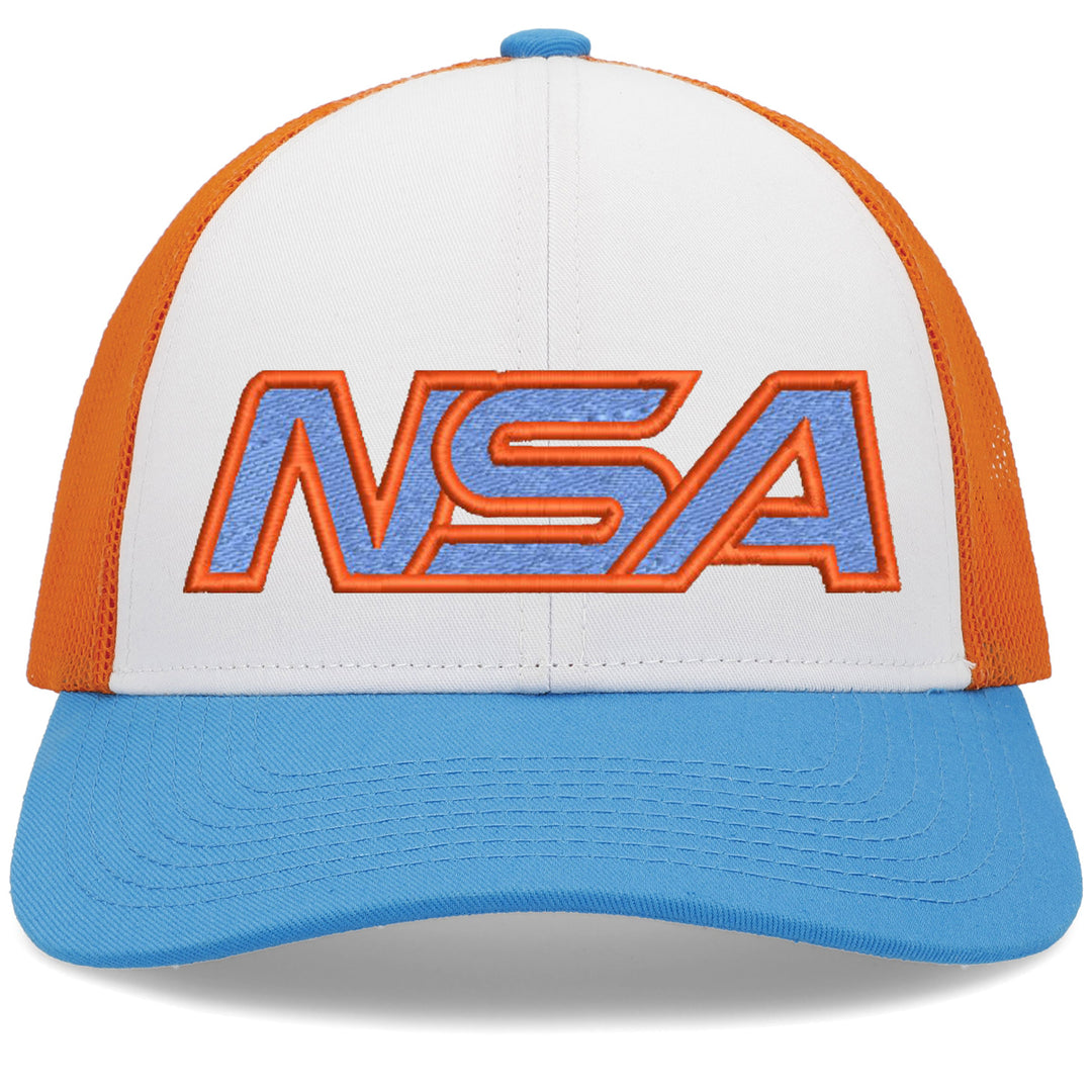 The NSA Outline Series Low-Pro Snapback Hat: P114 by Pacific Headwear features a white front, orange mesh sides and back, blue brim, and bold blue/orange "NSA" lettering. Adjustable snapback ensures a perfect fit.
