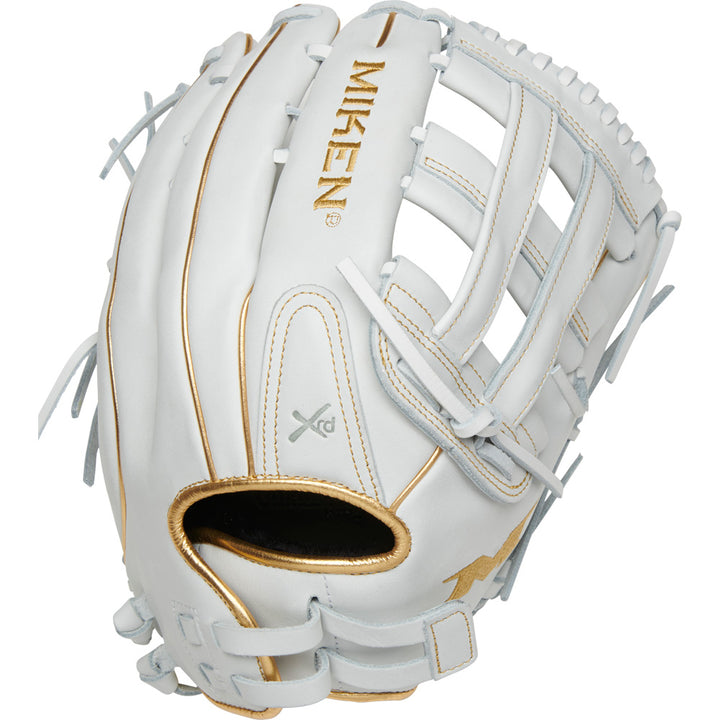 The Miken Gold Limited Edition 13.5" Slowpitch Glove (PRO135-WG) features a white and gold design, open web, visible stitching, PORON XRD palm padding, and "MIKEN" embossed on the back.