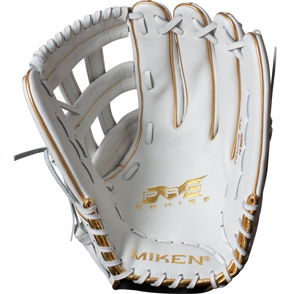The Miken Gold Limited Edition 13" Slowpitch Glove (PRO130-WG) features white full-grain leather, gold stitching, "PRO SERIES" and "MIKEN" embossed in gold on the palm, premium construction, an open web design, and white laces.
