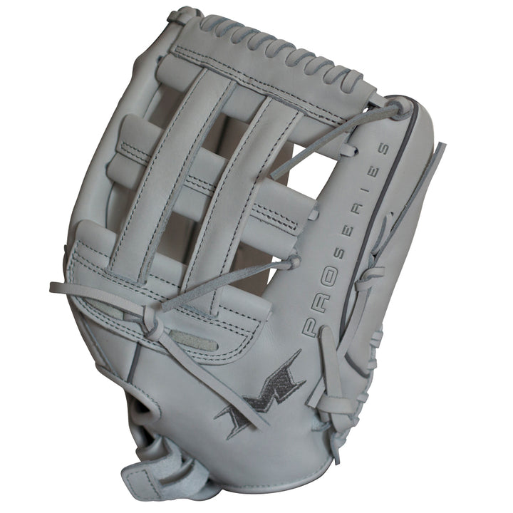The Miken Pro Series 15" Slowpitch Glove (PRO150-WW) features gray full-grain leather, a woven web design, detailed stitching and laces, PRO SERIES text on the thumb, and PORON XRD padding for superior comfort and performance.
