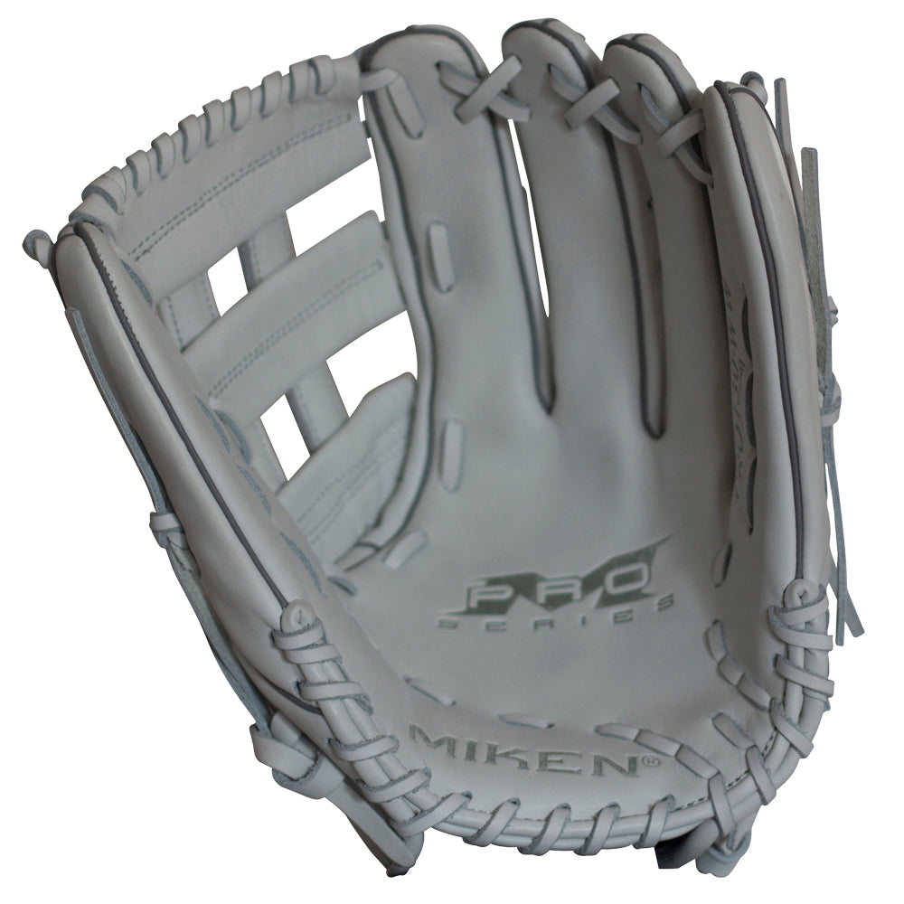 The Miken Pro Series 13" Slowpitch Glove (PRO130-WW) is a light gray, full-grain leather glove with visible stitching, a Pro H Web design, and "PRO SERIES" and "MIKEN" printed inside the palm area.
