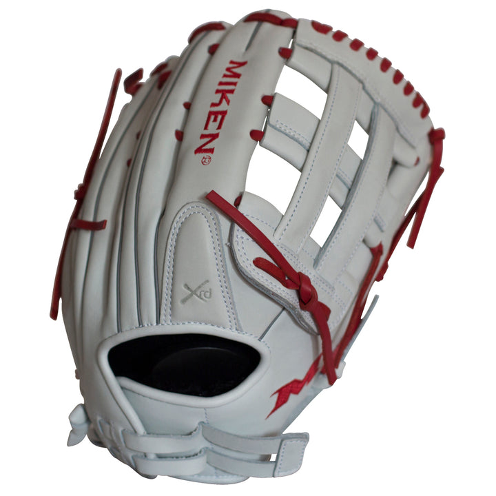 The Miken Pro Series 13.5" Slowpitch Glove (PRO135-WS) features white full-grain leather, red stitching, an H-web design, PORON XRD padding, and a partially open wrist area for enhanced comfort and control.