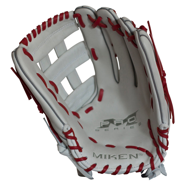 The Miken Pro Series 13.5" Slowpitch Glove (PRO135-WS) is a white glove with red laces, featuring the Miken logo and "Pro Series" text on the palm, open webbing, detailed stitching, and durable full-grain leather construction.