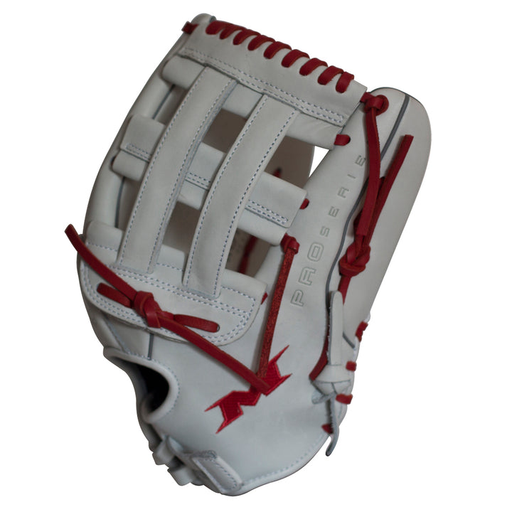 The Miken Pro Series 13.5" Slowpitch Glove (PRO135-WS) features white full-grain leather, red laces and stitching, the "PRO SERIES" embossing, and a red Miken logo near the thumb. The glove is shown upright against a white background.