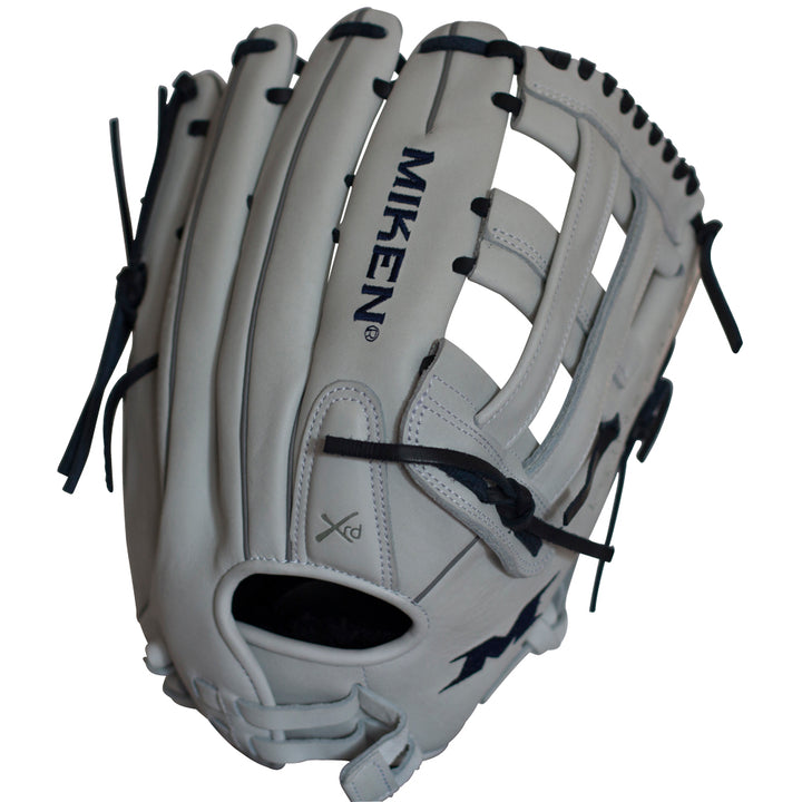The Miken Pro Series 14" Slowpitch Glove (PRO140-WN) is a gray, full-grain leather glove with black laces, featuring an open web design and the Miken brand printed on the palm for excellent durability.