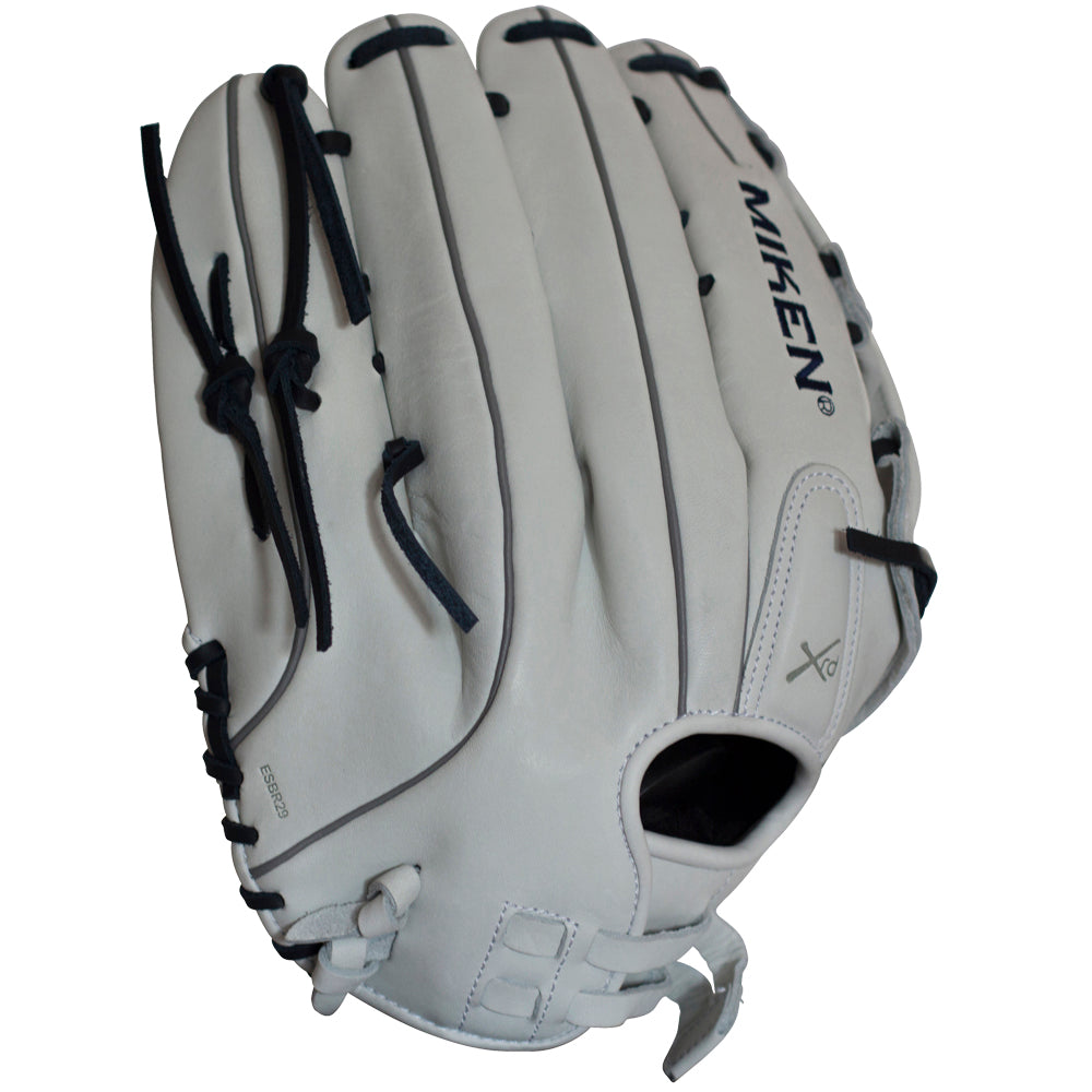 The Miken Pro Series 14" Slowpitch Glove (PRO140-WN) features a white full-grain leather design with black laces, open wrist area, visible Miken branding on the back, and durable construction, shown against a plain background.